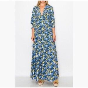 NWOT Code x Mode Blue Floral Prairie Ruffle Maxi Dress Size Small